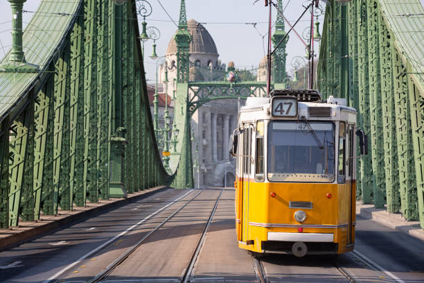 Tramway on the freedom bridge over the Danube river in Budapest. In the background the Gellert Baths. stock photo