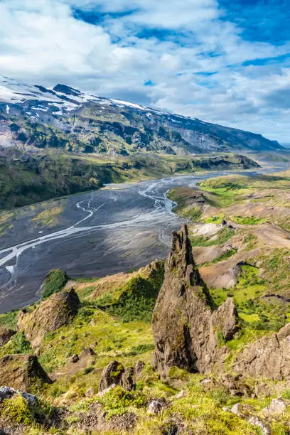 The dramatically beautiful and surreal landscapes of Throsmork in the Highlands of Iceland at southern end of the famous Laugavegur hiking trail.
