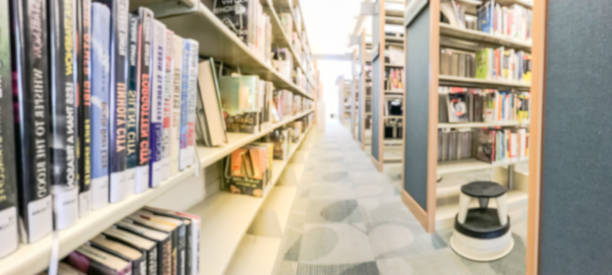 istock Panoramic blurry background bookshelf at public library in Texas, America 1047034466