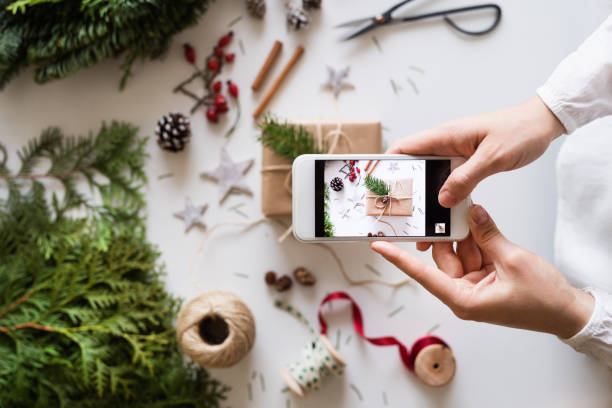 istock Christmas composition with smartphone on a white background. 1047042568