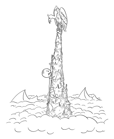 Cartoon stick drawing conceptual illustration of man or businessman toiling and climbing on the top of dangerous crag or mountain to find nothing just vulture waiting for his death. Concept of careerism and challenges.