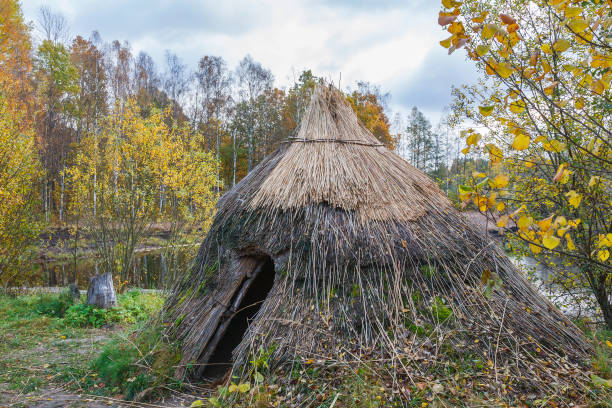 Grass hut at a lake in the autumn landscape Grass hut at a lake in the autumn landscape thatched roof hut straw grass hut stock pictures, royalty-free photos & images