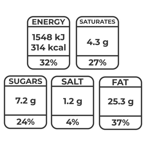 영양 사실 상표입니다. 밝은 영양 사실 칼로리와 패키지 레이블 벡터 - grams stock illustrations