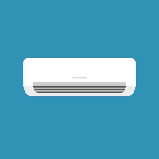 White home or office air conditioner isolated on blue background in vector style. App, website and operating system icons. Vector illustration, Adobe illustrator EPS10 compatible. White home or office air conditioner isolated on blue background in vector style. App, website and operating system icons. Vector illustration, Adobe illustrator EPS10 compatible. adobe material stock illustrations