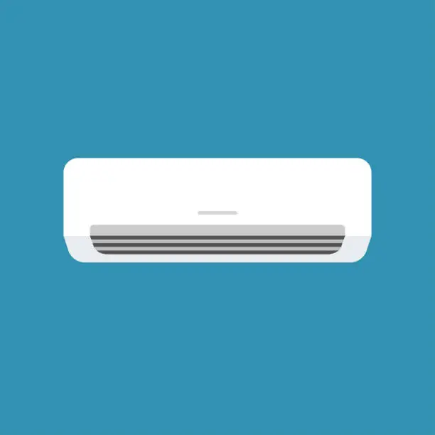 Vector illustration of White home or office air conditioner isolated on blue background in vector style. App, website and operating system icons. Vector illustration, Adobe illustrator EPS10 compatible.