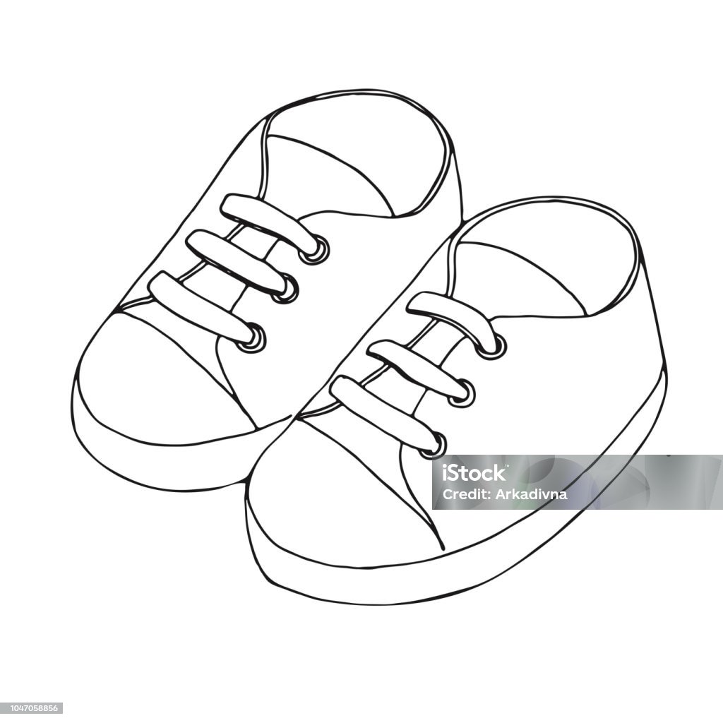 Sketch Of Sneakers For Baby A Pair Of Shoes Isolated White Vector Illustration Stock Illustration - Download Image Now - iStock