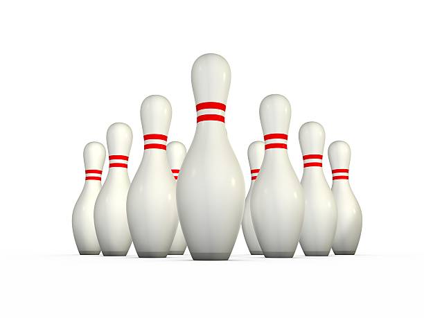 Ten isolated bowling pins stock photo