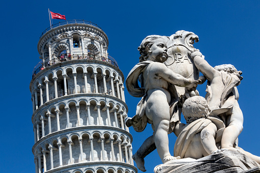The Leaning Tower of Pisa, is the most famous image of the city of Pisa in Italy. It is one of many works of art and architecture in the city's Piazza del Duomo. The bell tower leans about 5m (17ft) from the perpendicular over its height of 55m (181ft).