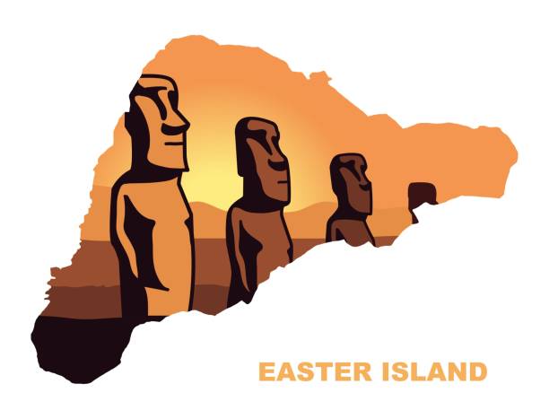 The landscape of Easter island with the famous sculptures at sunset in the form of a map of Easter island. Vector Illustration The landscape of Easter island with the famous sculptures at sunset in the form of a map of Easter island. Vector Illustration easter island map stock illustrations