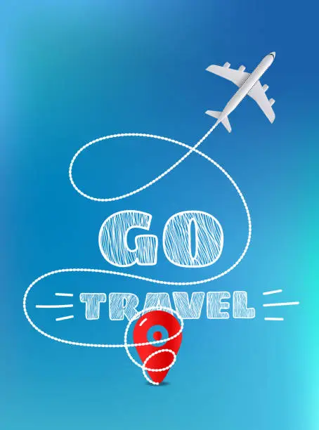 Vector illustration of Go travel concept. Travel banner with aircraft. Vertical composition