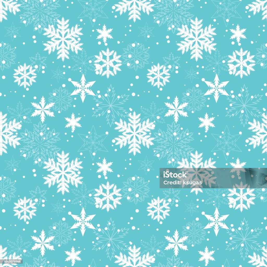 White snowflakes vector seamless pattern Fluffy white snowflakes on a blue background. Vector seamless pattern. Winter, Christmas mood. Snowflake Shape stock vector
