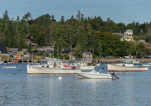 Moored lobsterboats Bernard background Bass Harbor, Maine, USA - September 21, 2018: Lobsterboats on late summer morning with Bernard waterfront in background tremont stock pictures, royalty-free photos & images