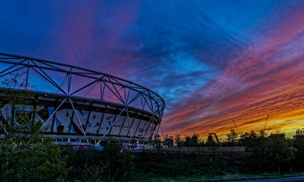Olympic Stadium with a gorgeous sunset stock photo
