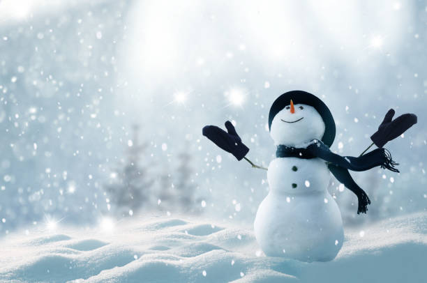 メリー クリスマスとハッピーニューイヤー グリーティング カード コピー スペースを持つ。冬に立って幸せな雪だるまのクリスマス風景。雪背景