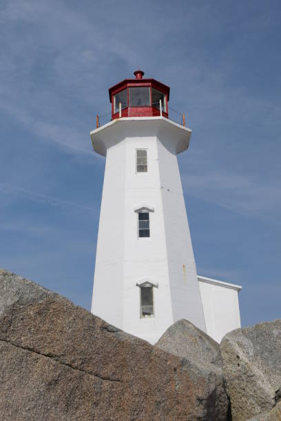 istock Red and white lighthouse along Nova Scotia coastline. Peggy's cove. 1047095328
