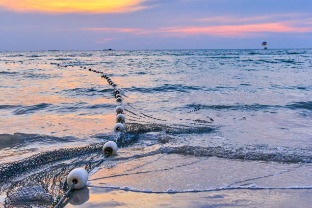 Fisherman's net view in the ocean at sunset