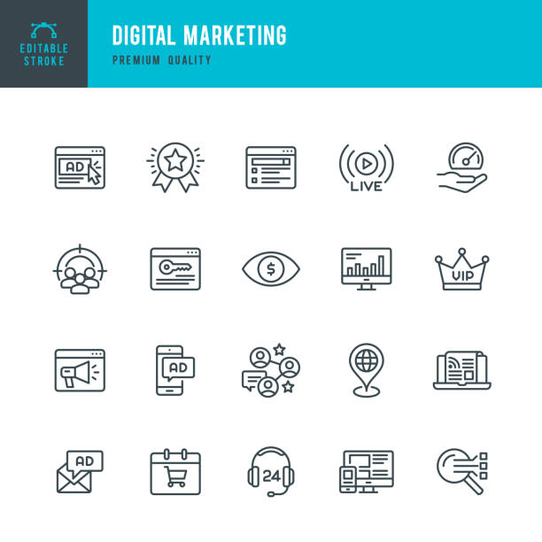 ilustraciones, imágenes clip art, dibujos animados e iconos de stock de marketing digital - conjunto de iconos de vector de línea delgada - marketing