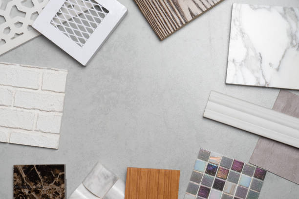 istock samples of material, wood , on concrete table.Interior design select material for idea. 1047098524