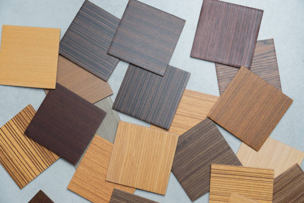 istock samples of material, wood , on concrete table.Interior design select material for idea. 1047098540