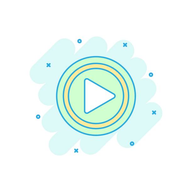 istock Cartoon colored play button icon in comic style. Play sign illustration pictogram. Click splash business concept. 1047107818