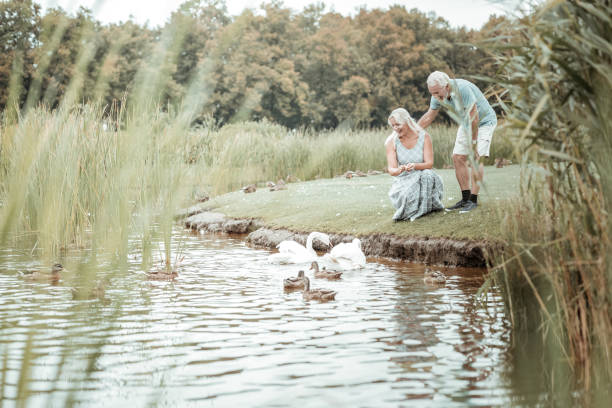 istock Positive delighted senior people spending time near lake 1047108892