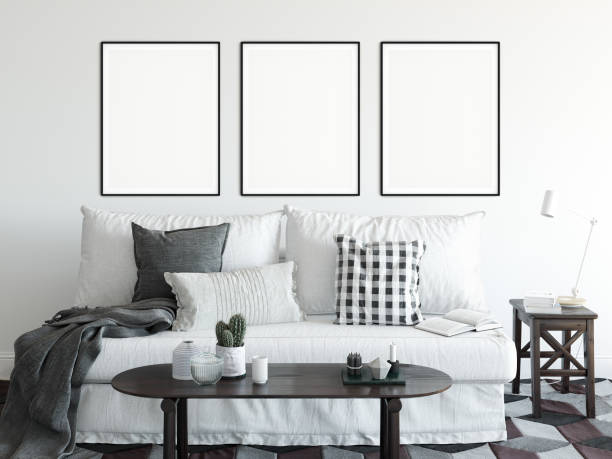istock mock up posters in living room interior. Interior scandinavian style. 3d rendering, 3d illustration 1047109086