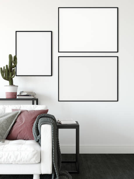 istock mock up posters in living room interior. Interior scandinavian style. 3d rendering, 3d illustration 1047109088