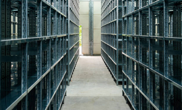 istock Empty iron racks for warehouse address. shallow depth of field 1047111714