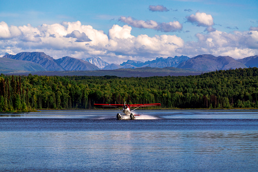 A float plane lands on a beautiful lake set in front of forest and mountains in Talkeetna Alaska.
