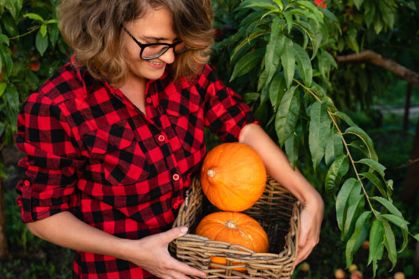istock Woman holding a basket with orange pumpkins. 1047116514