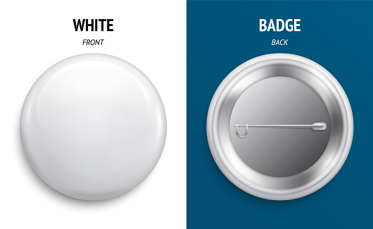 Blank white glossy badge or button. 3d render. Round plastic pin, emblem, volunteer label. Front and Back Side.