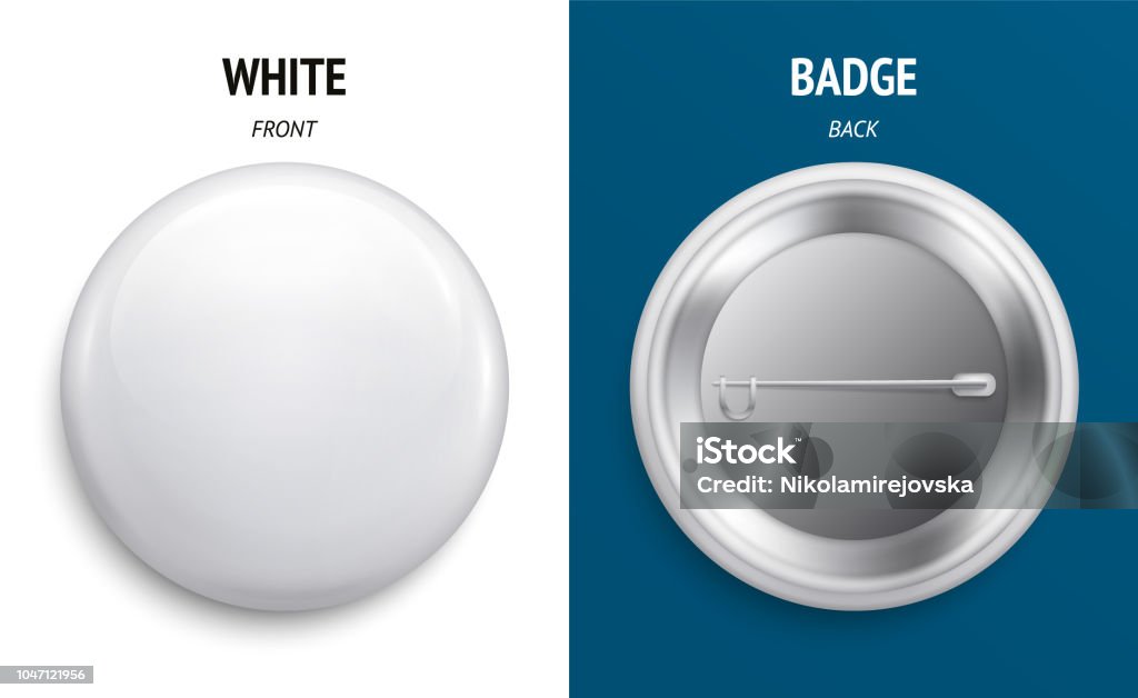 Blank white glossy badge or button. 3d render. Round plastic pin, emblem, volunteer label. Front and Back Side. Vector. Blank white glossy badge or button. 3d render. Round plastic pin, emblem, volunteer label. Front and Back Side. Campaign Button stock vector