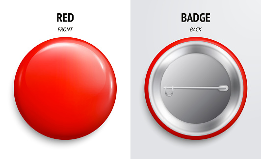 Blank red glossy badge or button. 3d render. Round plastic pin, emblem, volunteer label. Front and Back Side.