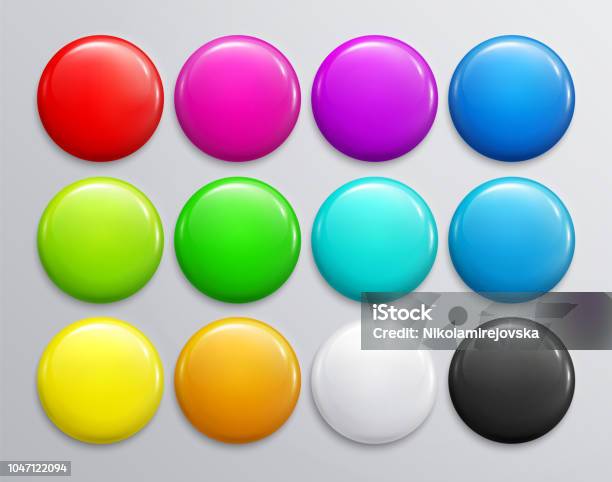 Big Set Of Colorful Glossy Badge Or Button 3d Render Round Plastic Pin Emblem Volunteer Label Vector Stock Illustration - Download Image Now