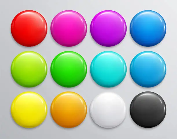 Vector illustration of Big set of colorful glossy badge or button. 3d render. Round plastic pin, emblem, volunteer label. Vector.