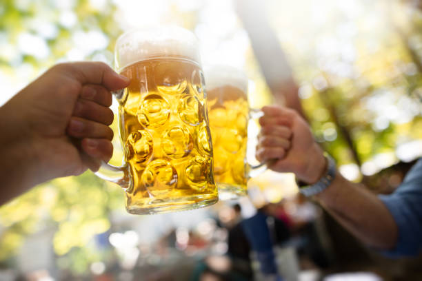 Finally BEER!! two young men drinking beer in a Munich beer garden beer festival photos stock pictures, royalty-free photos & images