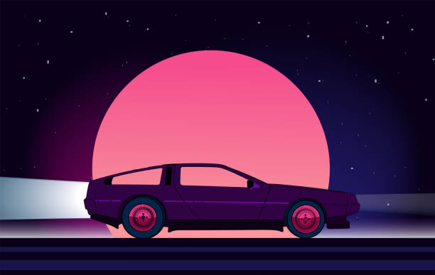 80s style sci-fi background with supercar Retro future. 80s style sci-fi background with supercar. Futuristic retro car. Vector retro futuristic synth illustration in 1980s posters style. Suitable for any print design in 80s style time machine stock illustrations