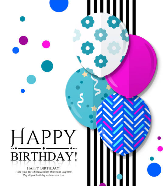 Happy Birthday invitation card with colorful patterned balloons in flat style. Black stripes and color dots on background. vector art illustration