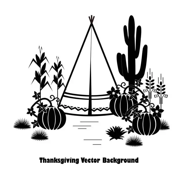 Vector illustration of Indian theme graphic illustration set for Thanksgiving Day. Tepee, pumpkins, wheat, and corn.