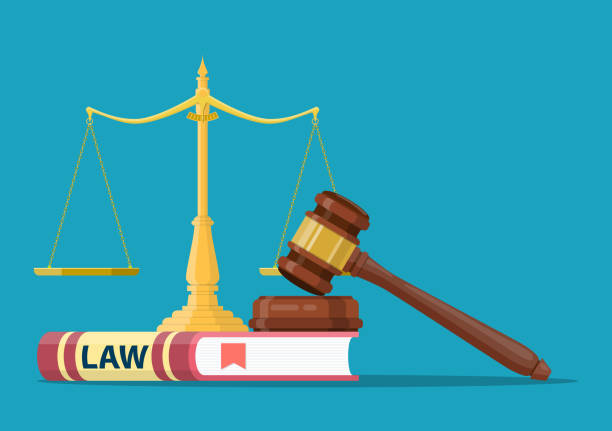 Judge wooden gavel Judge wooden gavel with law book and golden scales. Justice concept. Legal law and auction symbol. Vector illustration in flat design lawyer illustrations stock illustrations