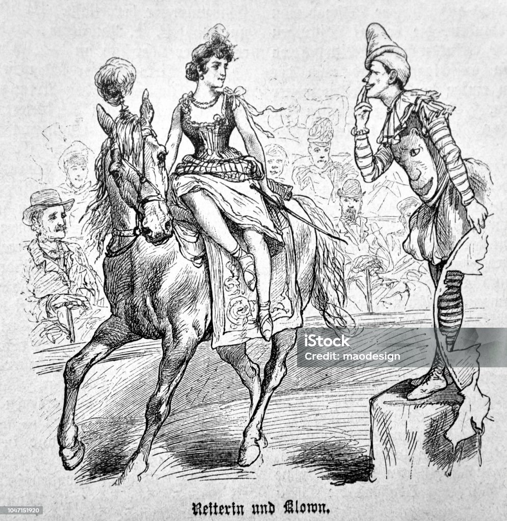 Rider and clown in the circus - 1888 Circus stock illustration