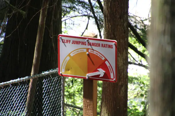 A sign in the forest indicating the danger of jumping from a cliff into the water."n