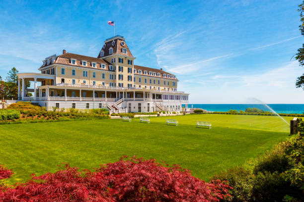 The Ocean House Hotel in Westerly Rhode Island USA May 29, 2014 - Westerly, RI, USA: The Ocean House in Westerly, Rhode Island, USA. It is a large, Victorian-style waterfront hotel, originally built in 1868. westerly rhode island stock pictures, royalty-free photos & images