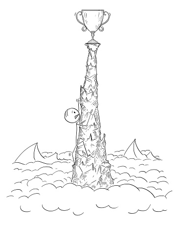 Cartoon stick drawing conceptual illustration of man or businessman toiling and climbing on the top of dangerous crag or mountain for winner's cup representing success.