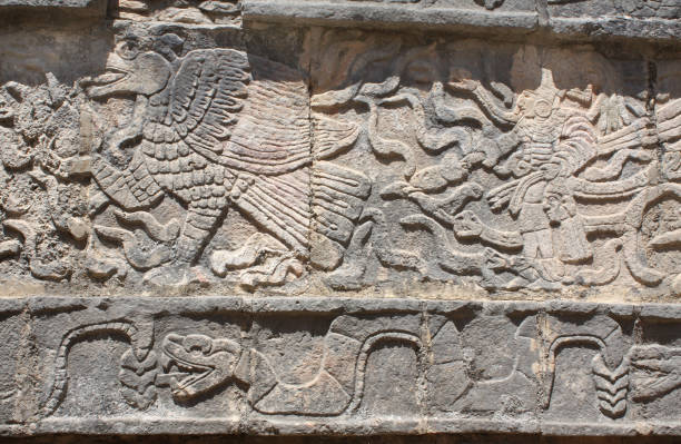 escultura em baixo-relevo de águia, cacique e cobra, chichen itza, méxico - king cobra cobra snake india - fotografias e filmes do acervo