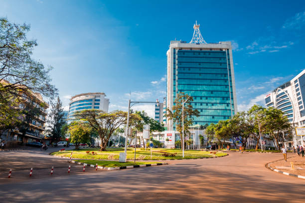 Kigali, Rwanda - September 21, 2018: Street view of Pension Plaza and surrounding buildings at the city centre roundabout