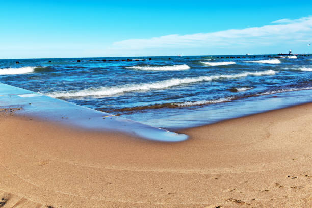 Lake Michigan, sandy beach, North Shore, Chicago. Gentle waves, no people.