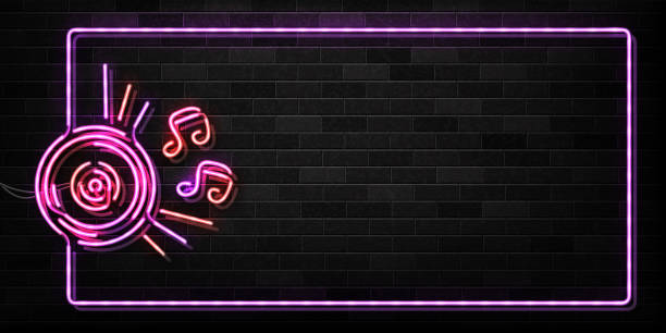Vector realistic isolated neon sign of Dj frame logo for decoration and covering on the wall background. Concept of music, radio and live concert. Vector realistic isolated neon sign of Dj frame logo for decoration and covering on the wall background. Concept of music, radio and live concert. radio borders stock illustrations