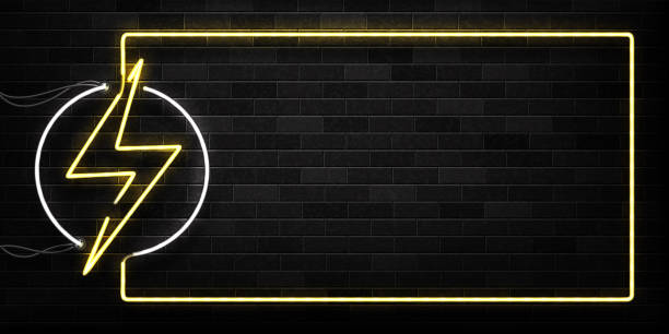Vector realistic isolated neon sign of Electricity frame logo for decoration and covering on the wall background. Concept of lightning and energy. Vector realistic isolated neon sign of Electricity frame logo for decoration and covering on the wall background. Concept of lightning and energy. electrician stock illustrations