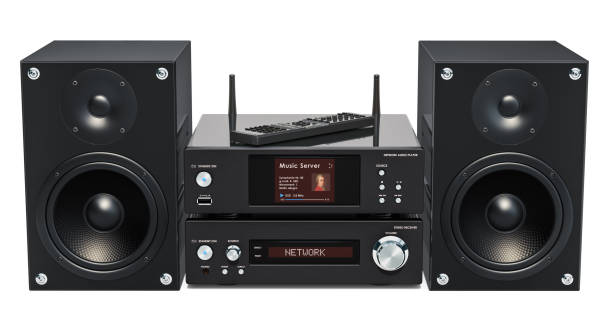 istock Home Stereo System. Network audio player, stereo receiver and speakers, 3D rendering isolated on white background 1047180302